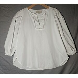 Ann Taylor Loft Small White Lace Trim Blouse Stylish Modern‎ 100% Cotton
